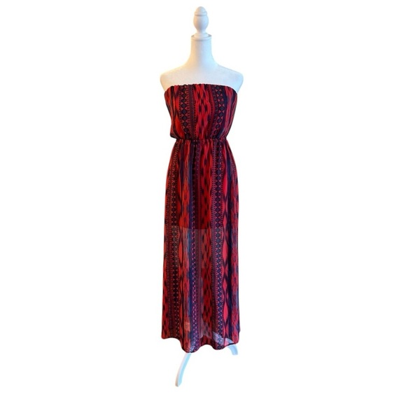 Charlotte Russe Strapless Maxi Dress Red Navy Aztec Print Sheer Overlay Small - Picture 6 of 6